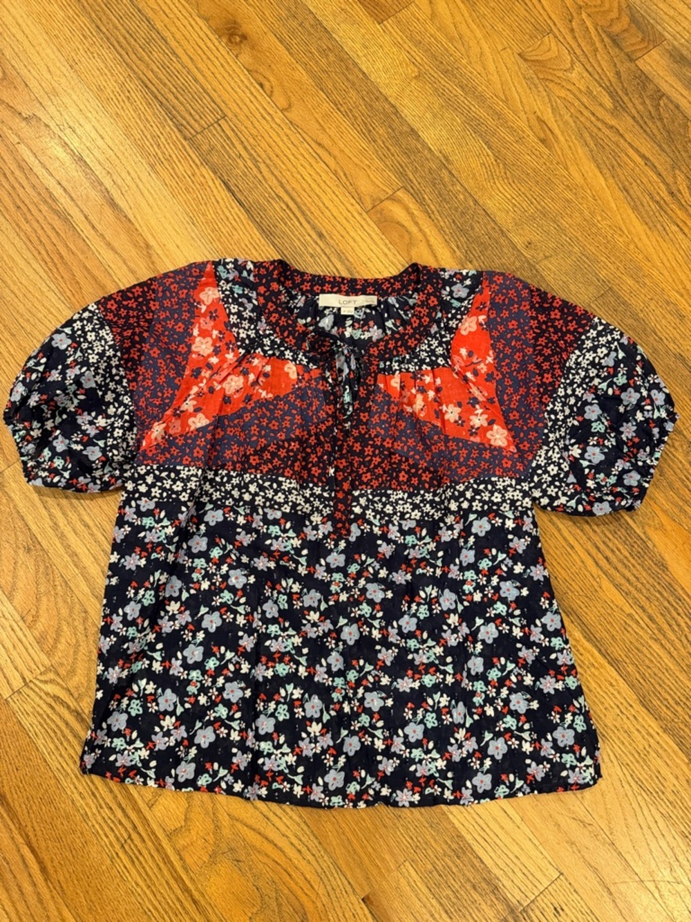 LOFT Petites Navy Blouse with Red Floral Print - Picture 3 of 10